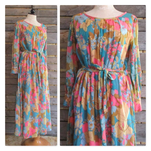 Mod Floral Print Vintage Maxi Dress Lined Long Sleeves Belted Tie Waist Distressed