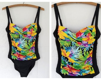 La Blanca Vintage One Piece Colorful Tropical Floral and Black Swimsuit Womens Size 12