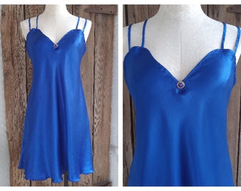 Vintage Electric Blue Satin Slip Dress Nightgown Large Colesce Couture Lingerie Strappy T-Back Short Chemise USA