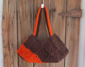 Vintage Crocheted Granny Square Tote Bag Handmade Purse Brown Orange Knit Shopper Handbag