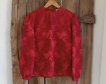 Young Capers of California Vintage Red Floral Blouse Womens Long Sleeve Pullover Shirt Secretary Top