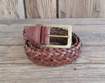 Mens Full Grain Leather Belt Brown Woven Brass Tone Buckle Large 38-40