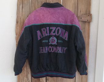 Vintage 90s Arizona Jean Company Limited Edition Varsity Bomber Jacket Suede Leather Denim Mens Large Embroidered Snap Up