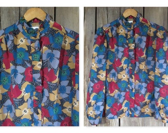 Vintage Pykettes Floral Print Blouse Womens Ruffle Collar High Neck Button Down Long Sleeve Shirt