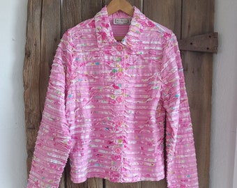 New Direction Vintage Pink Floral Button Up Jacket Womens Large Textured Stripes Shacket Shirt Top