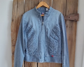 Vintage Lady Enyce denim jasje met ritssluiting dames XXL lichtgewicht blauwe katoenen bandkraag