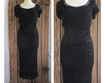 Kroshetta by Papillon Vintage 90s Black Crocheted Maxi Wiggle Dress Size Large Lined Short Sleeves