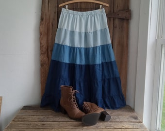 New Direction Vintage Tiered Denim Skirt Long Boho Peasant Womens Medium Blue Ombre Layers Cotton