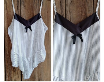 Vintage Undercover Wear Black White Pinstripe Nylon Teddy Bodysuit Romper Womens Large