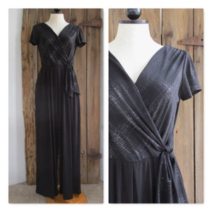 Vintage Wide Leg Stretch Glitter Black Jumpsuit Womens Size 6 Shelby Nites One Piece Short Sleeve Pull On