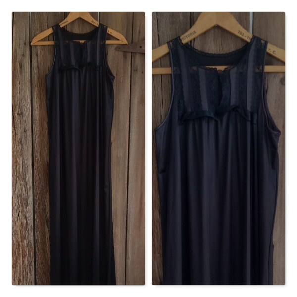 Vintage Black Sleeveless Long Nightgown Lace Trim Bodice Ruffle Lingerie