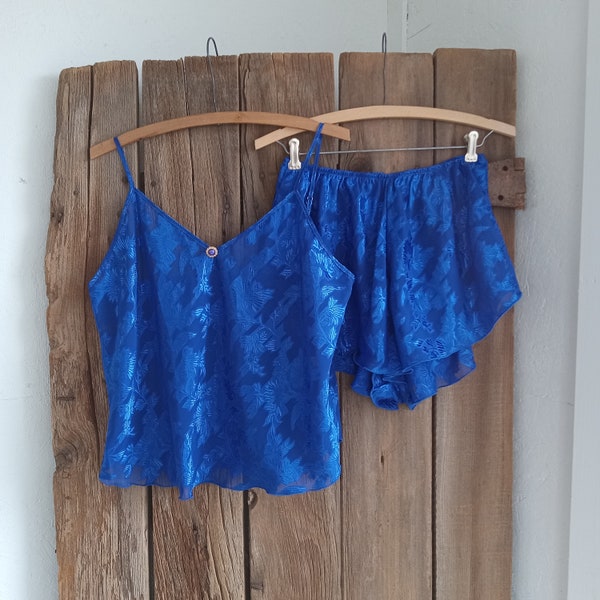 Vintage Electric Blue Floral Satin Burnout Leibchen Tap Hose Schlüpfer Set Größe Large Colesce Couture Dessous