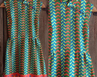 VTG 70s Handmade Colorful Geometric Flowers Striped Sleeveless Dress Womens *A