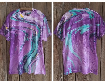 Vintage jaren '90 Gemarmerd Tie Dye T-shirt Schermsterren Beste EUC Mens Maat XL Katoenmix Unisex Handgemaakt VS