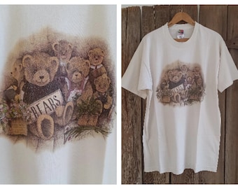 Vintage 90s Teddy Bear Graphic T Shirt Pat Richter "The Family" Mens Size XL Fruit of the Loom Cotton Retro Unisex