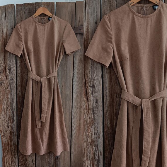 Sherri Lynn Vintage 70s Brown Faux Suede Belted Dress Short Sleeve Womens 12 *a