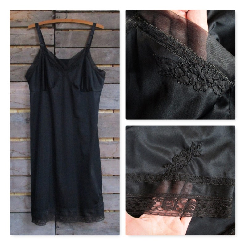 Size 42 Lorraine Quality Lingerie Vintage Pin-Up 1950/'s Black Lace Trim Full Slip