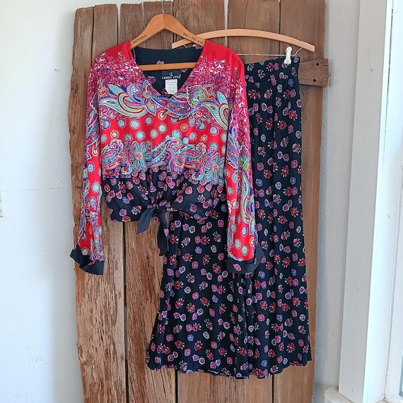 VTG Carole Little Boho Shirt Wide Leg Palazzo Pants Rayon Gauze 