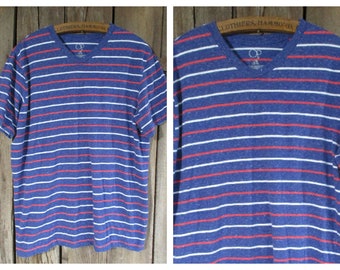 OP Ocean Pacific Striped Surfer Tee Mens Large V-Neck T Shirt Short Sleeve Pullover