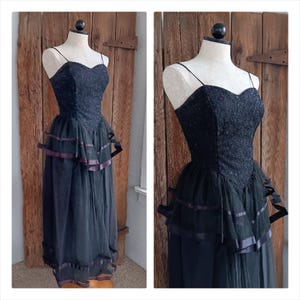 VTG 80s Bonnell Dress Co Black Madonna Style Formal Maxi Dress Size 7 Tulle Peplum Sweetheart Neckline