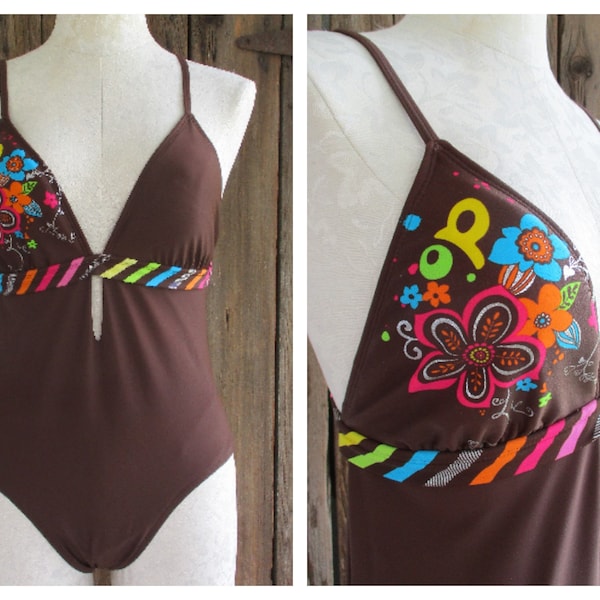 OP Ocean Pacific Vintage One Piece Brown Swimsuit Mod Flower Graphic Womens Junior Size Large 11/13