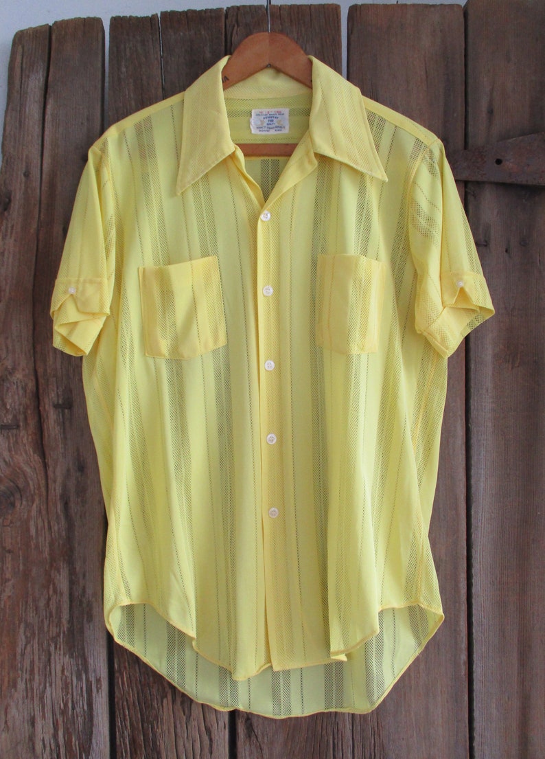 Vintage Men's Yellow Button up Shirt Sheer Open Weave Etsy