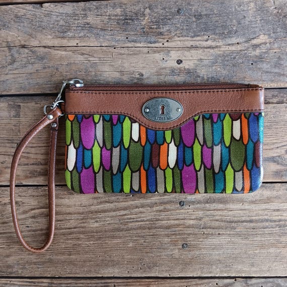 Fossil Key-per Colorful Wristlet Wallet Leather Trim Wrist Strap