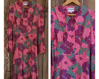 Plain Jane Vintage Button Front Dress Juniors Size 9 *Distressed* Mod Floral Print Long Sleeves