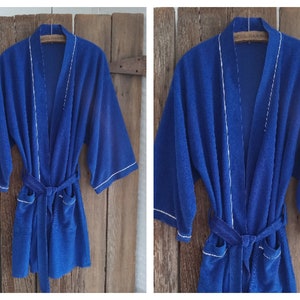 Vintage Mens Royal Blue Belted Robe White Piping Lightweight Velour Style Fabric Loungewear Pockets
