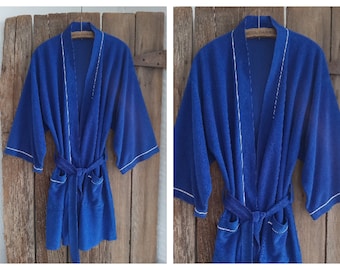 Vintage Mens Royal Blue Belted Robe White Piping Lightweight Velour Style Fabric Loungewear Pockets