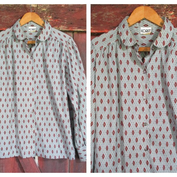 Koret of California Vintage Gray Diamond Print Secretary Blouse Long Sleeve Shirt Womens 12 Button Up