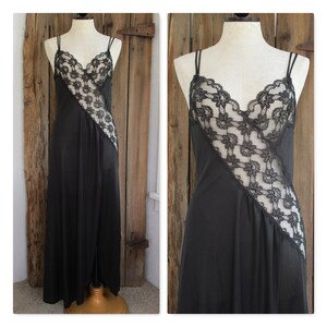 Vintage Black Val Mode Nylon Nightgown Long Lace Bodice Womens Medium Sexy Lingerie Full Length