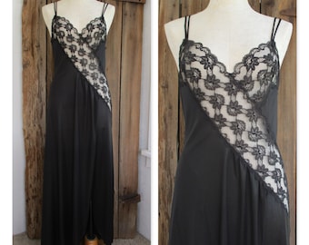 Vintage Val Mode Black Long Nightgown Lace Bodice Nylon Full Length Sexy Lingerie Womens Medium