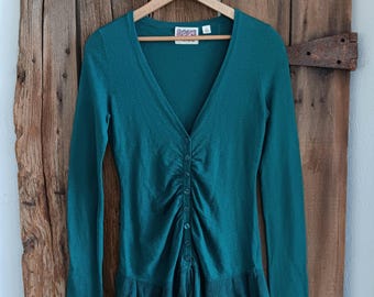 Anthropologie Rosie Neira Teal-truitop met ruches en knoop aan de voorkant, dames, klein *A