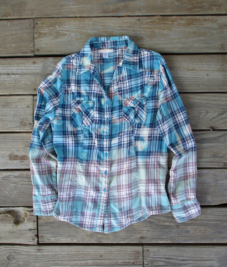 Bleached Flannel Shirt Juniors Large Cotton Plaid Reverse Dye | Etsy