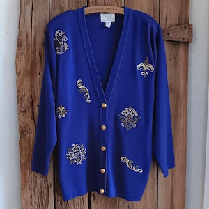 Casual Corner VTG 1993 Purple Cardigan Sweater Gold Embroidery Womens Large *A