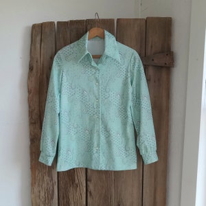 Blusa vintage de manga larga con estampado paisley, color azul y verde, con botones y cuello de poliéster para mujer