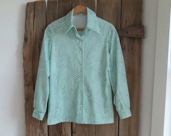 Vintage Mod Paisley Long Sleeve Blouse Blue Green Womens Button Up Shirt Collared Polyester Secretary