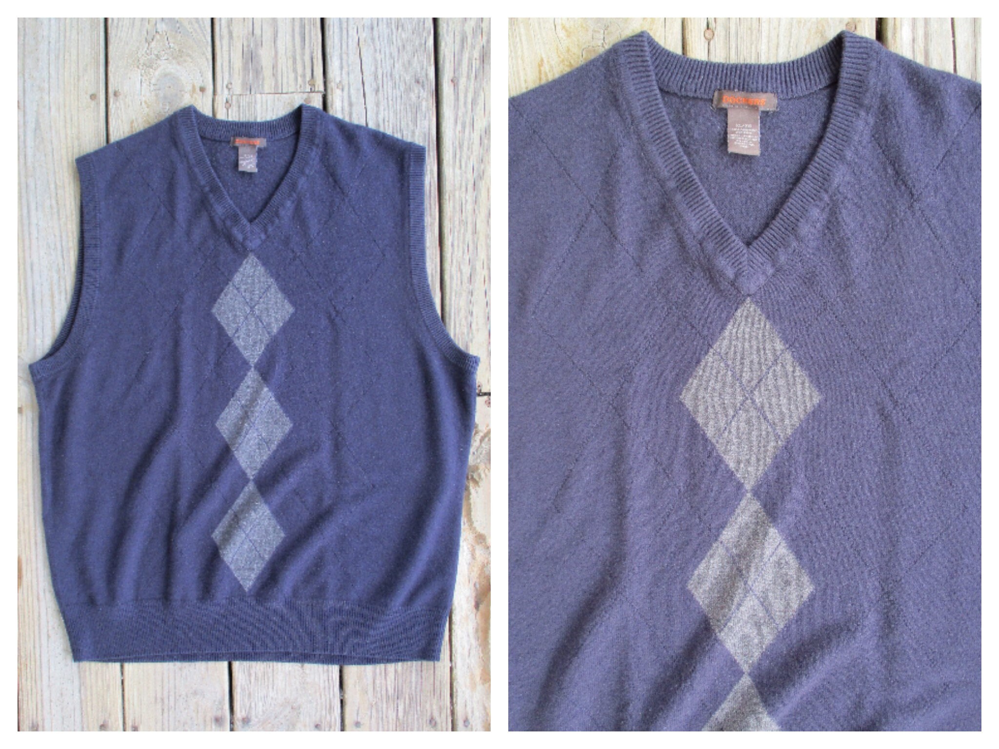 VintageHagClothing Dockers Blue Argyle Sweater Vest Vintage Mens XL Sleeveless Pullover V-Neck