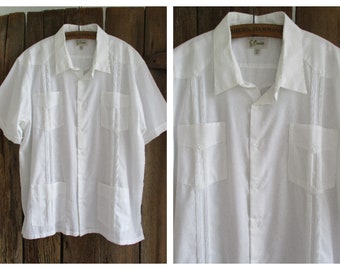 Traditional Mexican White Wedding Shirt Guayabera G Candila Mens Button Up Decorative Pleating 4 Pockets Short Sleeve