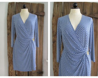 Anne Klein Vintage Wrap Look Dress Stretch 3/4 Sleeves Metal Logo