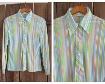 Vintage Striped Blouse Long Sleeve Button Up Shirt Womens Size 34