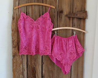 Vintage Lucie Ann II Pink Camisole Tap Pants Knickers Set Size 32/Small Satin Lingerie Lace Trim