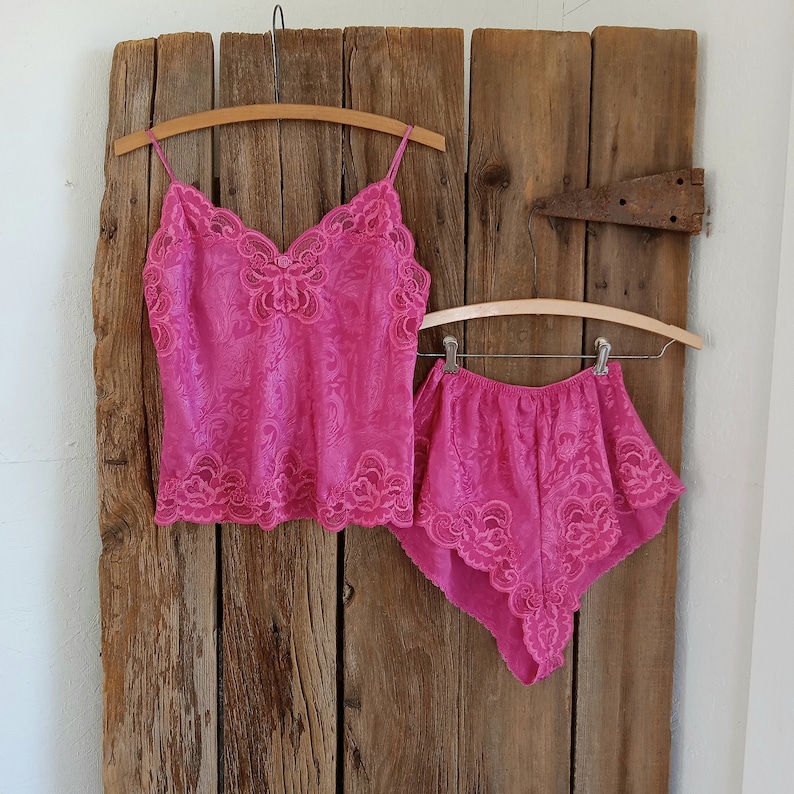 Vintage Lucie Ann II Pink Camisole Tap Pants Knickers Set Size 32/Small Satin Lingerie Lace Trim image 1