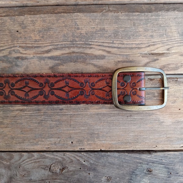 Tooled Brown Leather Belt Full Grain Steerhide Brass Tone Buckle Size 30 Made in USA