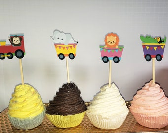 Safari Animal Train Cupcake Toppers, Birthday Cupcake Toppers,