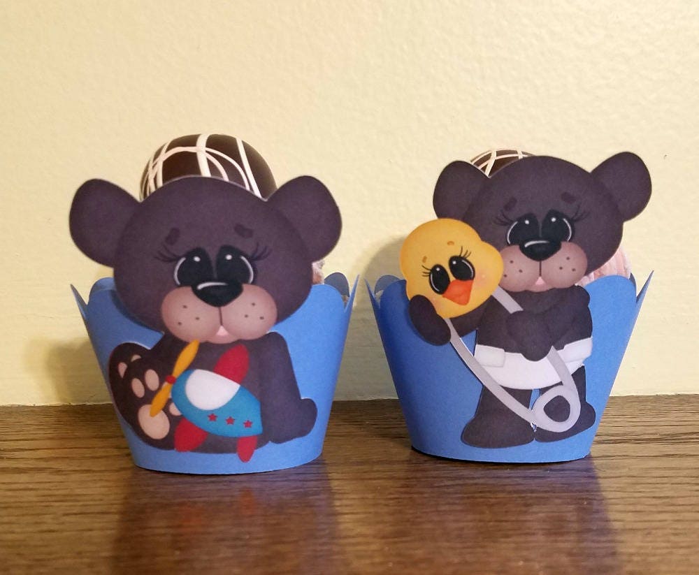 Animal Cupcake Wrappers First Birthday Party Cupcake Holder Baby Shower Decor Second Birthday or Baby Boy Shower Bear Cupcake