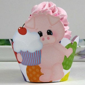 Pig Cupcake Wrappers, First Birthday Party Cupcake Holder, Baby Shower Decor, Pig Cupcake Wrappers,  or Baby Shower Baby Animal Cupcake