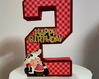 2nd Birthday Cake Topper, Cow 3 D Cake Topper, 3 D Cake Topper, Second Birthday Cake Topper, Barnyard Birthday Cake Topper