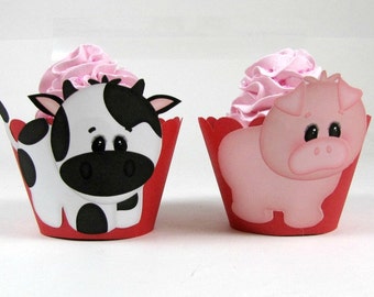 Animal Cupcake Wrappers, Cow and Pig Cupcake Wrappers, First Birthday Party Cupcake Holder, Baby Shower Decor, Second Birthday, Baby Cupcake